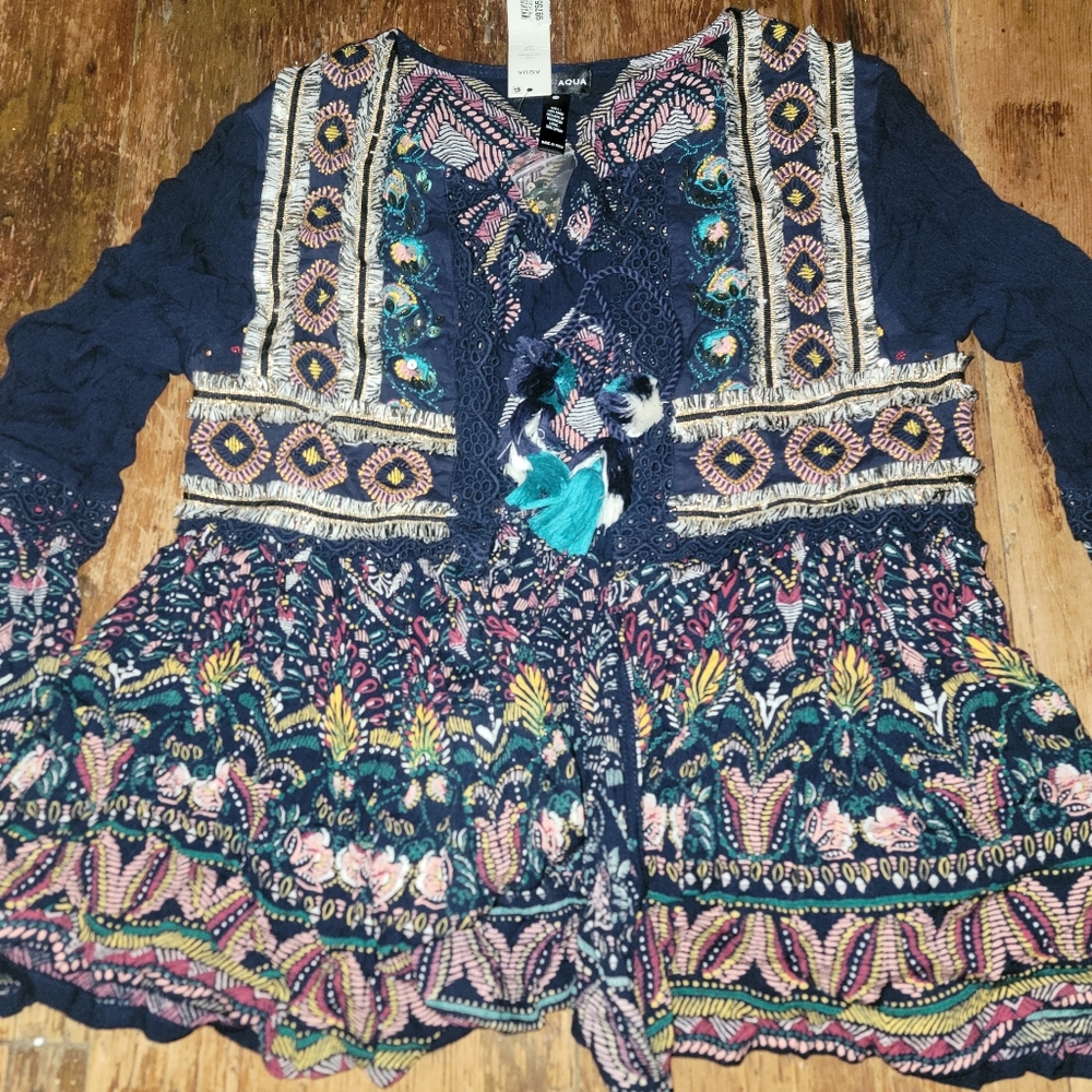 Aqua Embroidered Printed Top jacket Shacket Boho chic Hippie Tassel - Picture 3 of 15